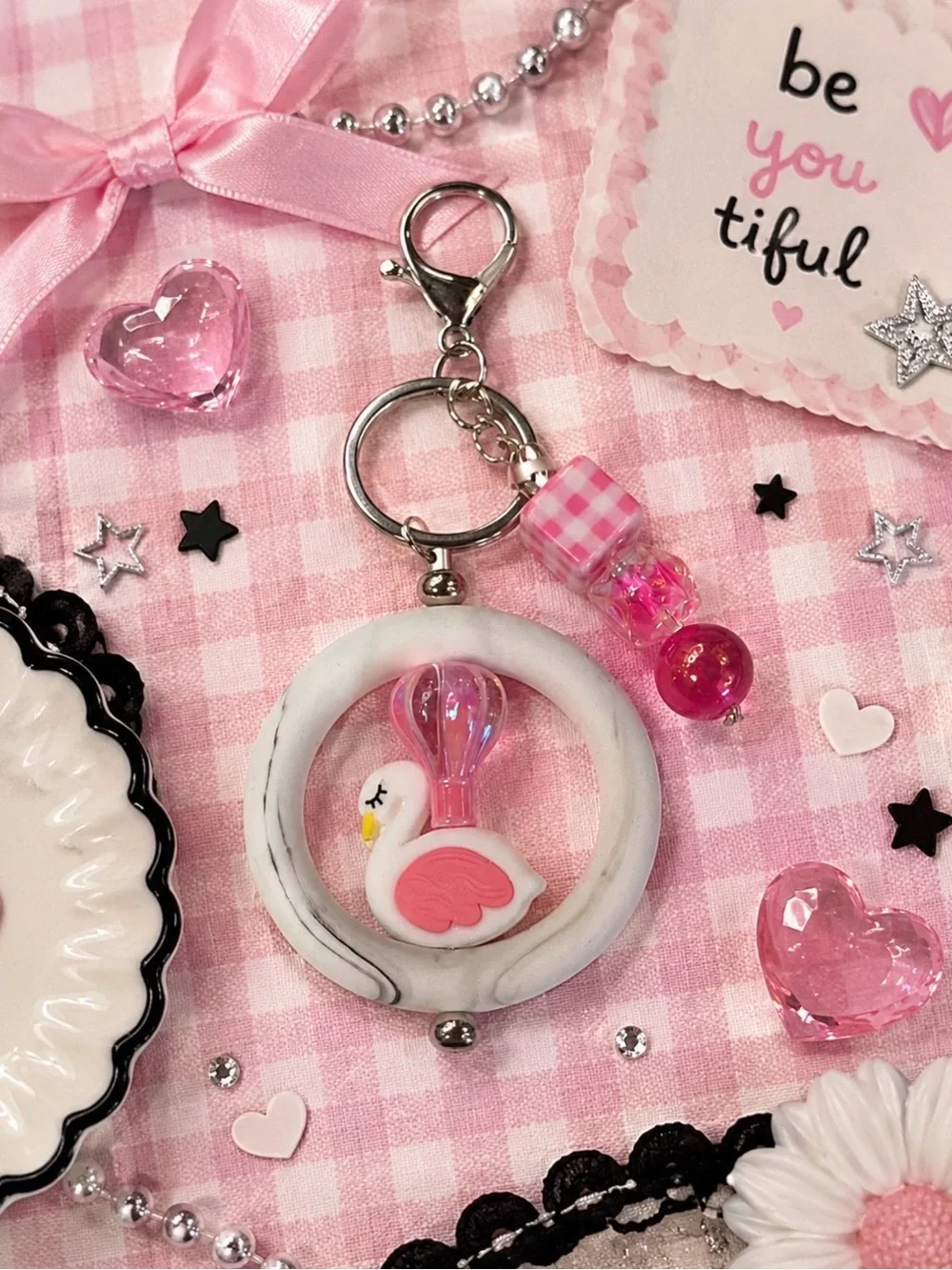 Handmade Pink Swan Ring Keychain